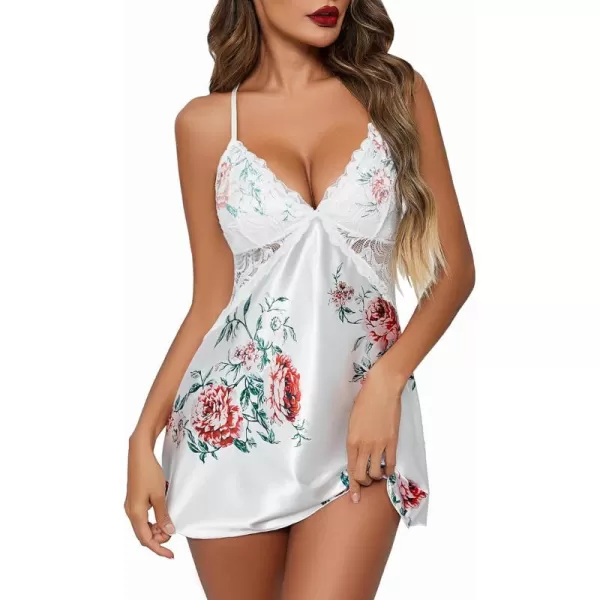 Avidlove Women Lingerie V Neck Nightwear Satin Sleepwear Lace Chemise Mini TeddyWhite Floral