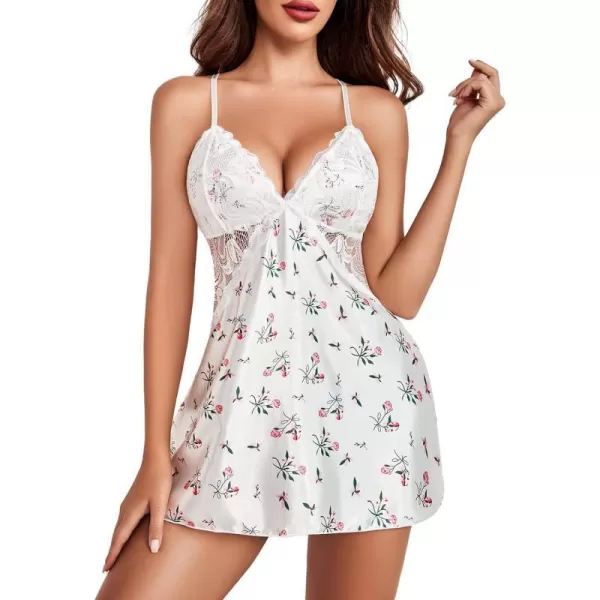 Avidlove Women Lingerie V Neck Nightwear Satin Sleepwear Lace Chemise Mini TeddyWhite Pink Floral