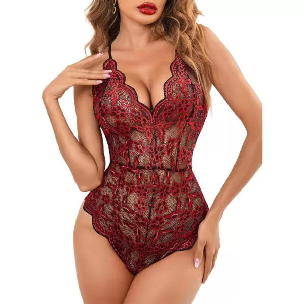 Avidlove Women One Piece Lingerie Deep V Teddy Sexy Lace BodysuitBblackampred