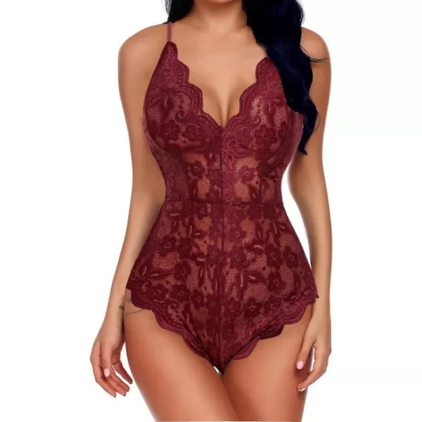 Avidlove Women One Piece Lingerie Deep V Teddy Sexy Lace BodysuitBurgundy Red