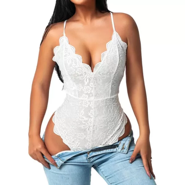 Avidlove Women One Piece Lingerie Deep V Teddy Sexy Lace BodysuitDouble Layers  White