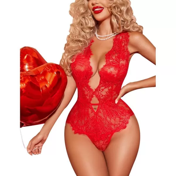 Avidlove Women One Piece Lingerie Lace Bodysuit Deep V Teddy Mini Babydoll1red