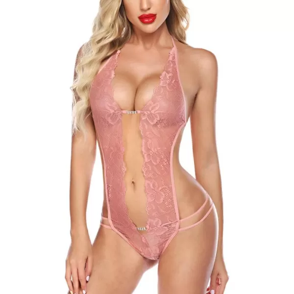 Avidlove Women One Piece Lingerie Sexy Lace Bodysuit Deep V Teddy Babydoll Nightgown XSXXXLRose Pink