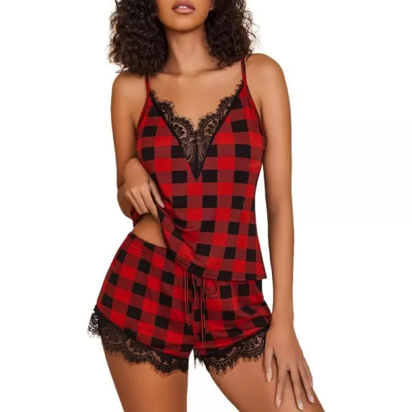 Avidlove Women Pajama Set Lace Trim Short PJ Set Modal V Neck Sleeveless Sleepwear Drawstring Waist Nightwear SXXLRed Plaid