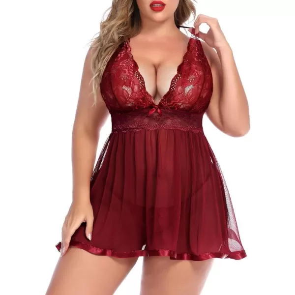 Avidlove Women Plus Size Babydoll Lingerie Lace Chemise Mesh SleepwearCardinal Red