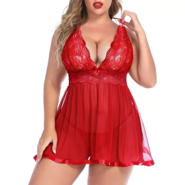 Avidlove Women Plus Size Babydoll Lingerie Lace Chemise Mesh SleepwearCarmine Red