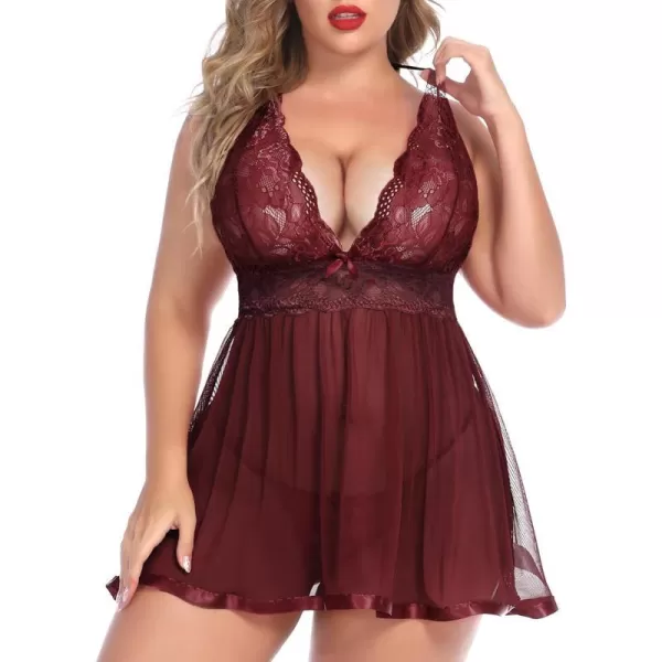 Avidlove Women Plus Size Babydoll Lingerie Lace Chemise Mesh SleepwearDark Red