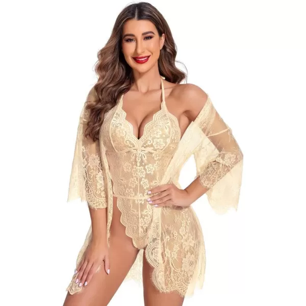 Avidlove Women Sexy Lingerie Set 2 Piece Lace Kimono Robe with Lace Teddy Lingerie BodysuitApricot