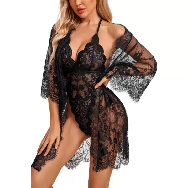 Avidlove Women Sexy Lingerie Set 2 Piece Lace Kimono Robe with Lace Teddy Lingerie BodysuitBlack