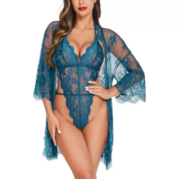 Avidlove Women Sexy Lingerie Set 2 Piece Lace Kimono Robe with Lace Teddy Lingerie BodysuitPeacock Blue