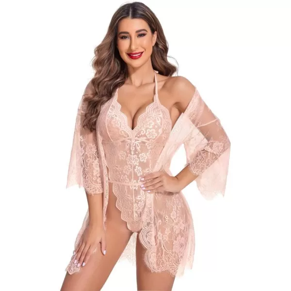 Avidlove Women Sexy Lingerie Set 2 Piece Lace Kimono Robe with Lace Teddy Lingerie BodysuitPink