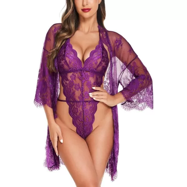 Avidlove Women Sexy Lingerie Set 2 Piece Lace Kimono Robe with Lace Teddy Lingerie BodysuitPurple