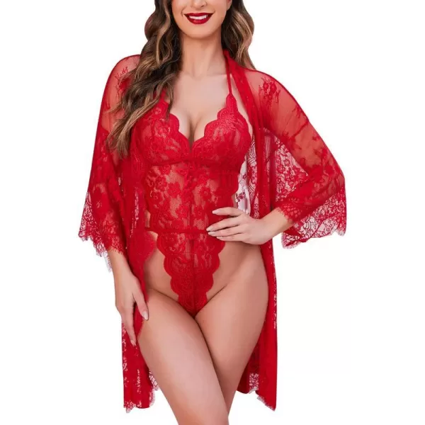 Avidlove Women Sexy Lingerie Set 2 Piece Lace Kimono Robe with Lace Teddy Lingerie BodysuitRed