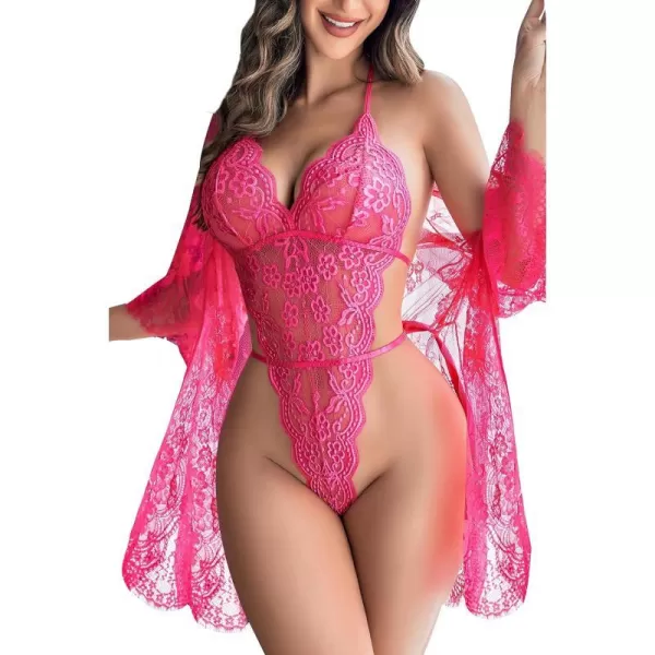 Avidlove Women Sexy Lingerie Set 2 Piece Lace Kimono Robe with Lace Teddy Lingerie BodysuitRose Red