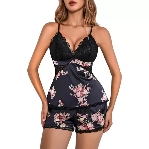 Avidlove Women Sleepwear Satin Pajamas Set Lace Camisole Shorts NightwearBlack Floral