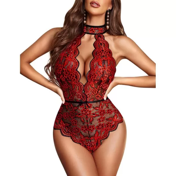 Avidlove Women Snap Crotch Lingerie Sexy Lace Bodysuit Deep V Teddy One Piece Babydoll Nightgown XSXXLBlackampredwith Snap Crotch