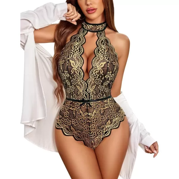 Avidlove Women Snap Crotch Lingerie Sexy Lace Bodysuit Deep V Teddy One Piece Babydoll Nightgown XSXXLBlackampskinwith Snap Crotch