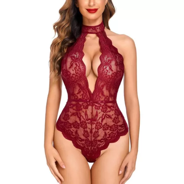 Avidlove Women Snap Crotch Lingerie Sexy Lace Bodysuit Deep V Teddy One Piece Babydoll Nightgown XSXXLWine Redwith Snap Crotch