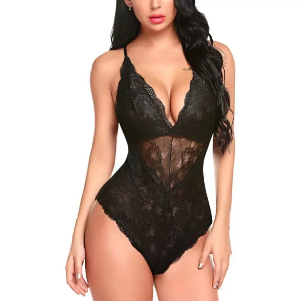 Avidlove Women Snap Crotch Lingerie Sexy Lace Bodysuit Deep V Teddy One Piece Lace BabydollBlackwith Snap Crotch