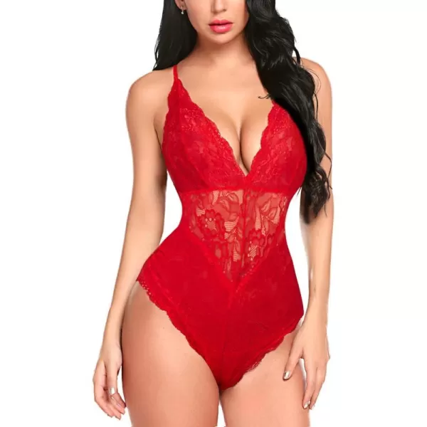 Avidlove Women Snap Crotch Lingerie Sexy Lace Bodysuit Deep V Teddy One Piece Lace BabydollBright Redwith Snap Crotch