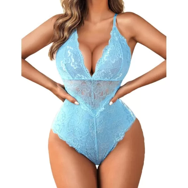 Avidlove Women Snap Crotch Lingerie Sexy Lace Bodysuit Deep V Teddy One Piece Lace BabydollClight Bluewith Snap Crotch