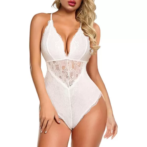 Avidlove Women Snap Crotch Lingerie Sexy Lace Bodysuit Deep V Teddy One Piece Lace BabydollCream Whitewith Snap Crotch