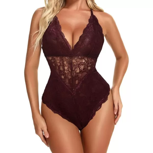 Avidlove Women Snap Crotch Lingerie Sexy Lace Bodysuit Deep V Teddy One Piece Lace BabydollDark Brownwith Snap Crotch