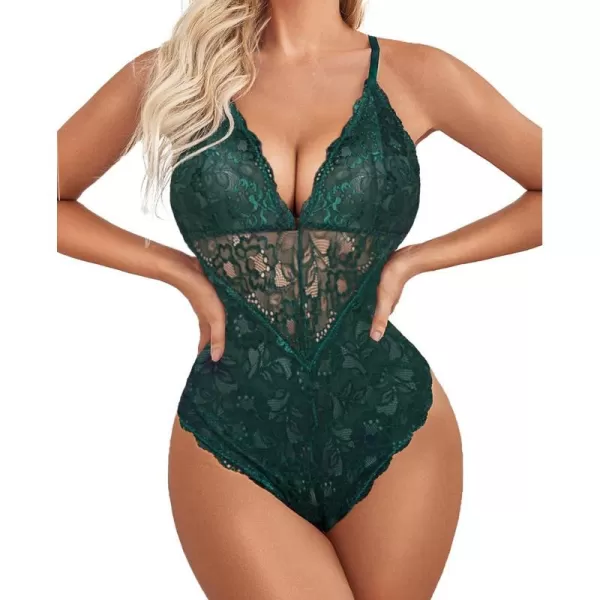 Avidlove Women Snap Crotch Lingerie Sexy Lace Bodysuit Deep V Teddy One Piece Lace BabydollGreenwith Snap Crotch