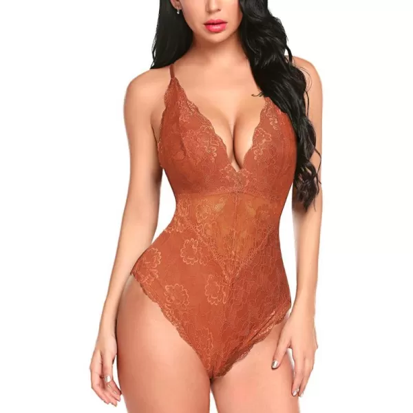 Avidlove Women Snap Crotch Lingerie Sexy Lace Bodysuit Deep V Teddy One Piece Lace BabydollOrange Brownwith Snap Crotch