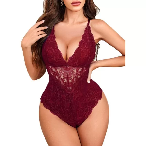 Avidlove Women Snap Crotch Lingerie Sexy Lace Bodysuit Deep V Teddy One Piece Lace BabydollPurple Redwith Snap Crotch