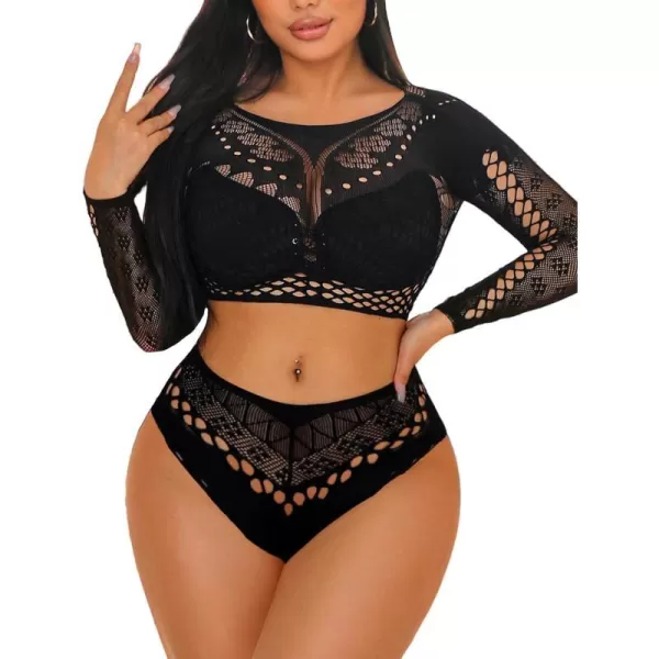 Avidlove Womens Fishnet Lingerie for Women Sexy Two Piece Lingerie Set Stripper OutfitBlacklong Sleeve