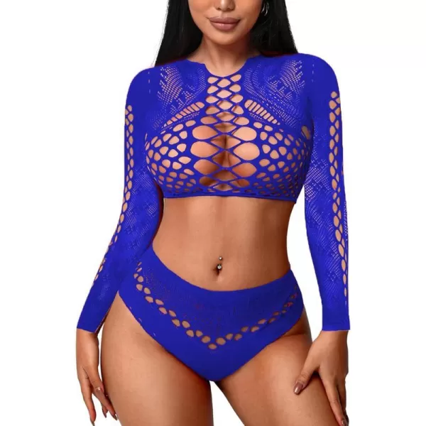 Avidlove Womens Fishnet Lingerie for Women Sexy Two Piece Lingerie Set Stripper OutfitBluelong Sleeve