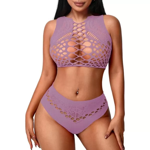 Avidlove Womens Fishnet Lingerie for Women Sexy Two Piece Lingerie Set Stripper OutfitLilac