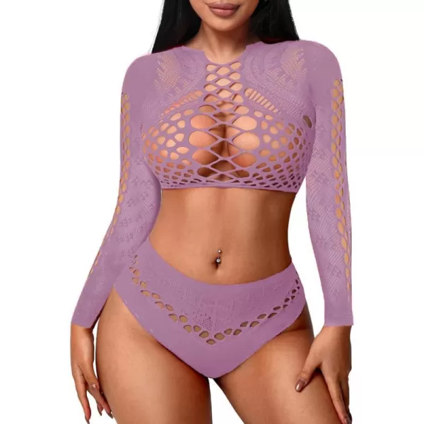 Avidlove Womens Fishnet Lingerie for Women Sexy Two Piece Lingerie Set Stripper OutfitLilaclong Sleeve