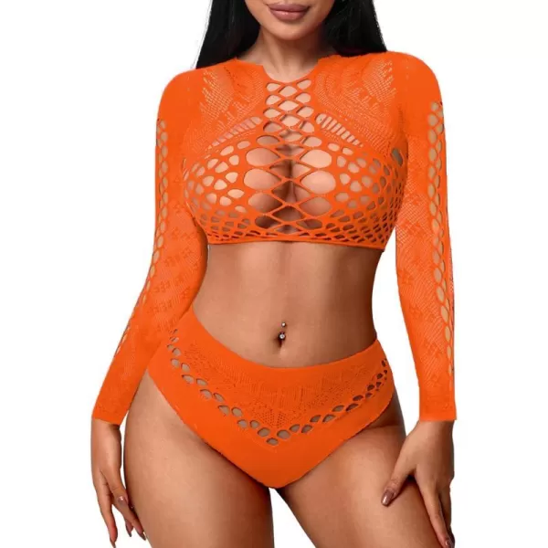 Avidlove Womens Fishnet Lingerie for Women Sexy Two Piece Lingerie Set Stripper OutfitOrangelong Sleeve