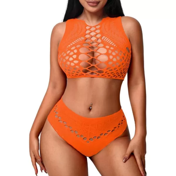 Avidlove Womens Fishnet Lingerie for Women Sexy Two Piece Lingerie Set Stripper OutfitOrangesleeveless