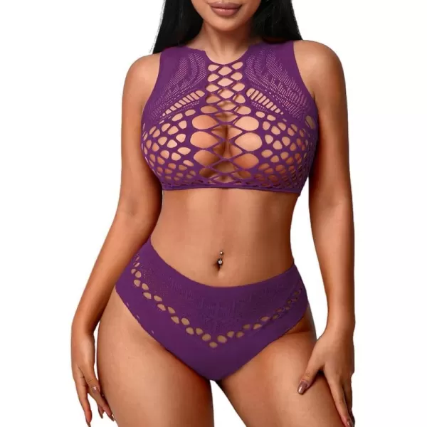 Avidlove Womens Fishnet Lingerie for Women Sexy Two Piece Lingerie Set Stripper OutfitPurple