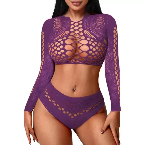 Avidlove Womens Fishnet Lingerie for Women Sexy Two Piece Lingerie Set Stripper OutfitPurplelong Sleeve