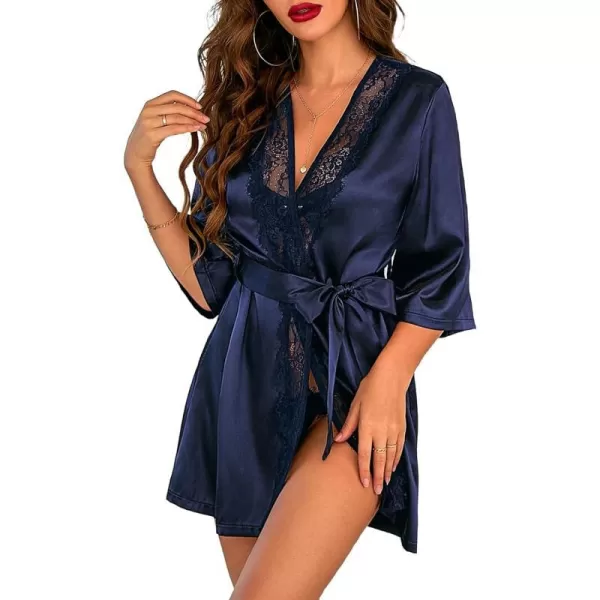 Avidlove Womens Kimono Robe Short Satin Pure Short Silky RobesNavy Blue