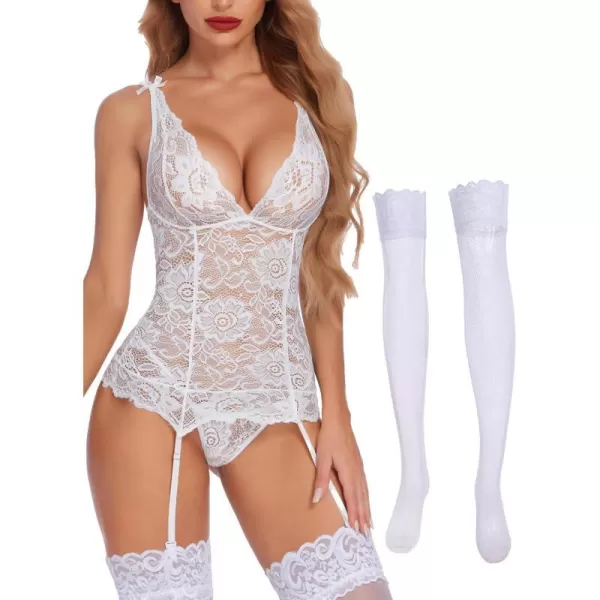 Avidlove Womens Lace Babydoll with Garter Mini Teddy Bodysuit Sexy Lingerie Backless Chemise No StockingZwhite Stocking