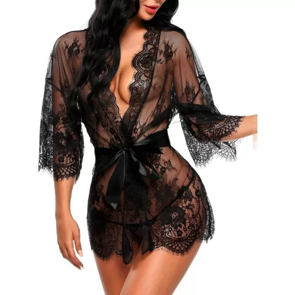 Avidlove Womens Lace Kimono Robe Babydoll Lingerie Mesh Nightgown S5XL1black