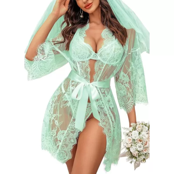 Avidlove Womens Lace Kimono Robe Babydoll Lingerie Mesh Nightgown S5XLGreen