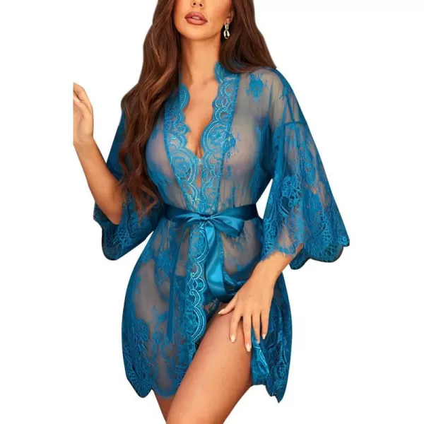 Avidlove Womens Lace Kimono Robe Babydoll Lingerie Mesh Nightgown S5XLPeacock Blue