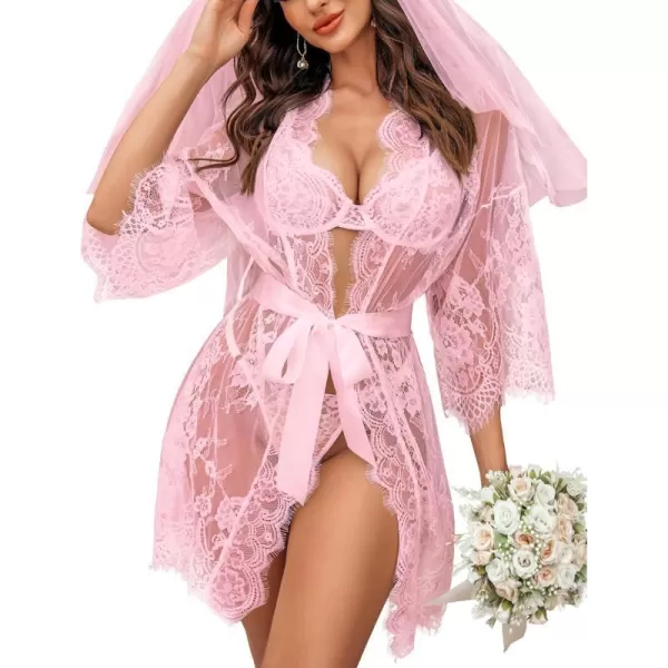 Avidlove Womens Lace Kimono Robe Babydoll Lingerie Mesh Nightgown S5XLPink