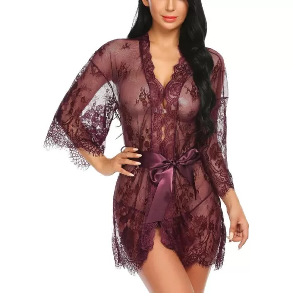 Avidlove Womens Lace Kimono Robe Babydoll Lingerie Mesh Nightgown S5XLWine Red