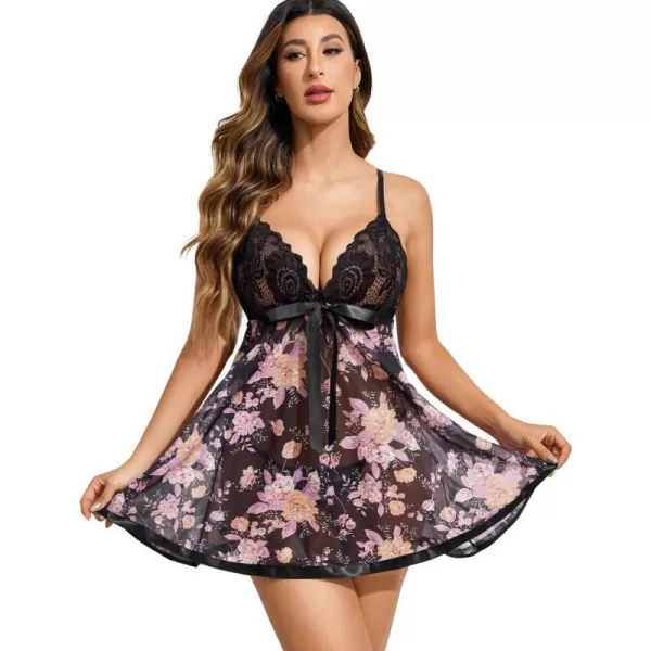 Avidlove Womens Lingerie Lace Babydoll Strap Chemise Mesh Sleepwear OutfitsBlack Pink Floral