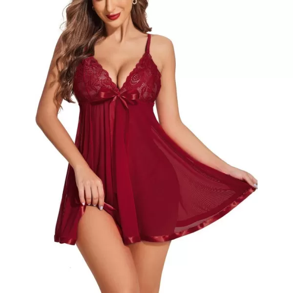 Avidlove Womens Lingerie Lace Babydoll Strap Chemise Mesh Sleepwear OutfitsWine Red 2