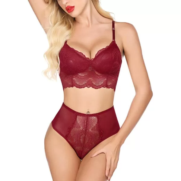 Avidlove Womens Lingerie Set Lace Flowers Bralette and High Waist Panty Outfits UnderwearDark Red