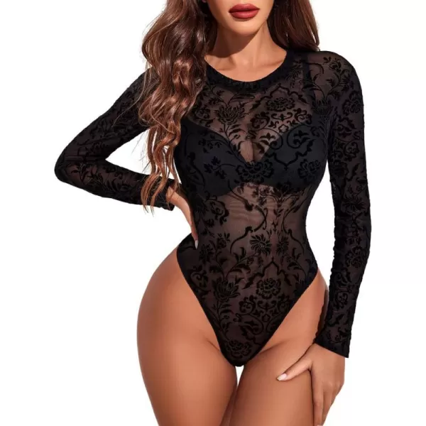 Avidlove Womens Mesh Bodysuit Black Long Sleeve Bodysuit Round Neck Sheer Leotards Sexy Bodysuit Tops Snap CrotchFloral