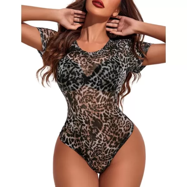 Avidlove Womens Mesh Bodysuit Black Long Sleeve Bodysuit Round Neck Sheer Leotards Sexy Bodysuit Tops Snap CrotchShort Sleeve Leopardb